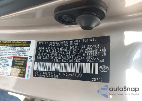 2009 Toyota Camry Xle V6 z USA, uszkodzony, nr VIN 4T1BK46KX9U090357